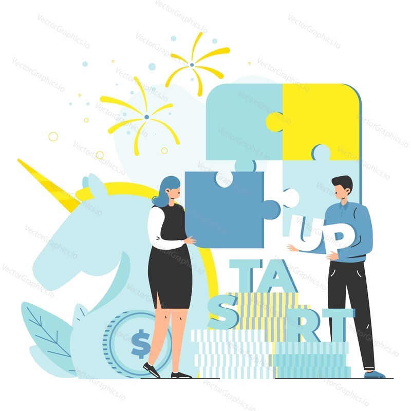 Unicorn horse and business people building startup word and connecting jigsaw puzzles, flat vector illustration. Unicorn startup strategy.