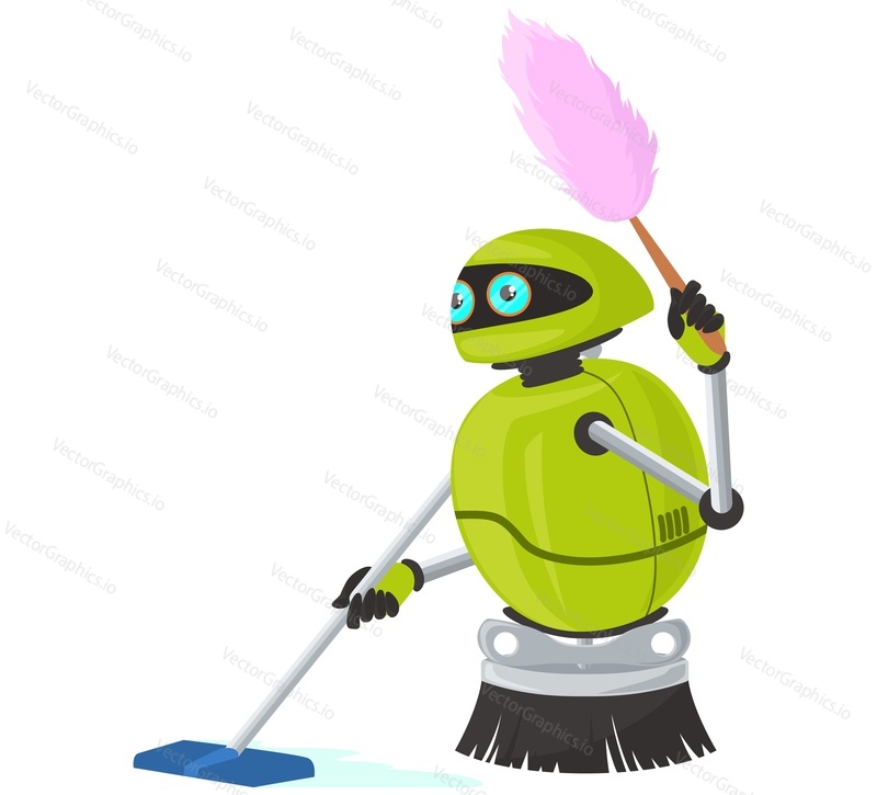 Robot assistant cleaning floor vector flat icon isolated on white background. AI robotic machine working daily routine chores using broom and mop illustration. Artificial intelligence technology