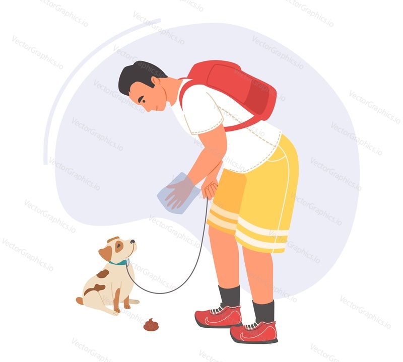 Man walking dog vector. Male character picking up poop using special bag. Cleanup after pet defecation in park or city street. Take care of animal and ecology environment concept