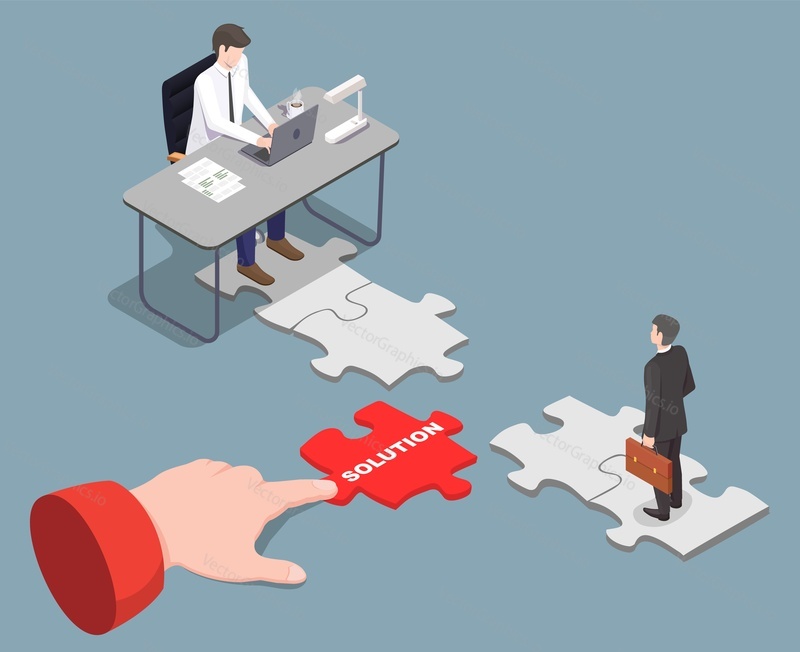 Business negotiation and partnership 3d vector scene. Businesspeople searching solution, making agreement illustration. Businessmen and human hand pushing puzzle piece
