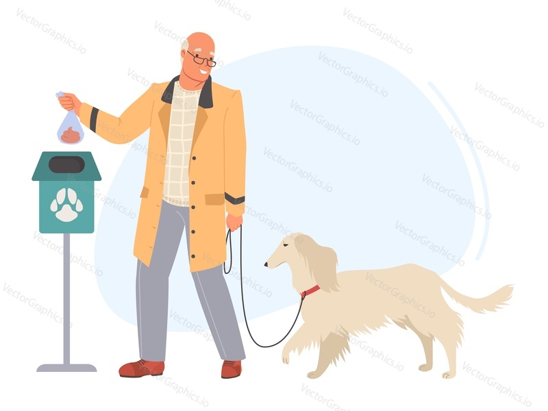 Пожилой мужчина убирает за собакой на прогулке вектор. Персонаж мужского пола выбрасывает пакет с собачьими какашками в мусорное ведро. Забота о домашних животных и концепция экологической чистоты окружающей среды