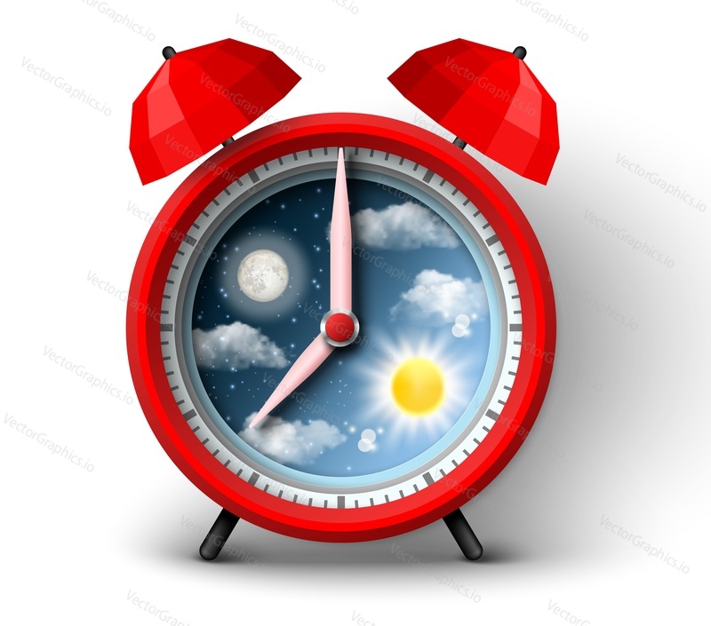 Circadian rhythm vector. Alarm clock 3d illustration. Day and night change, health, sleep and activity regulation. Twenty-four hours life. Chronobiology concept