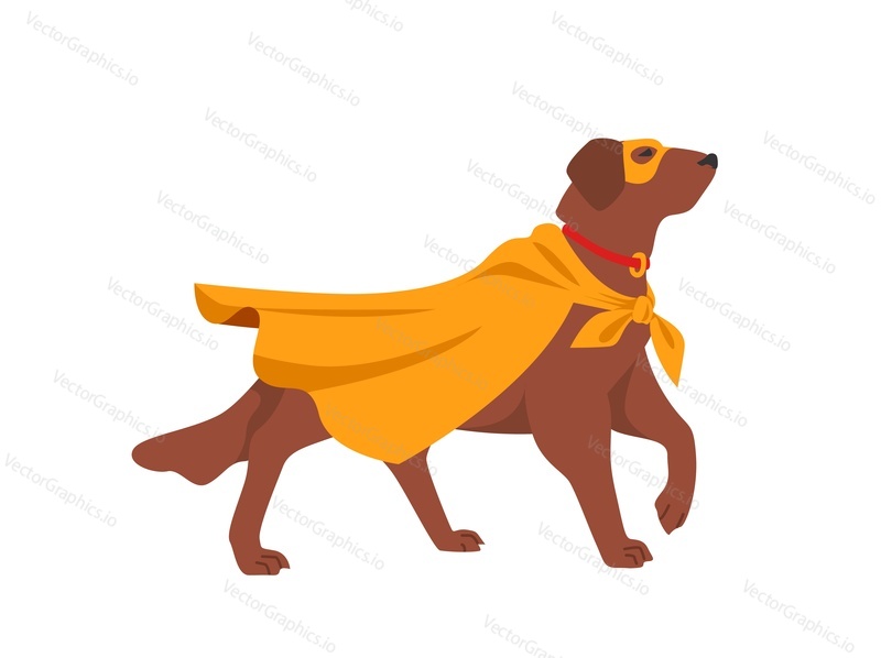 Dog superhero character in yellow cloak and mask vector illustration. Cute brown funny puppy super hero isolated on white background
