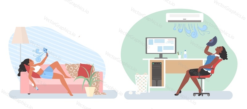 Summer heat. People using air conditioner, fan for cooling office and home, flat vector illustration. People suffering from extremely hot weather.