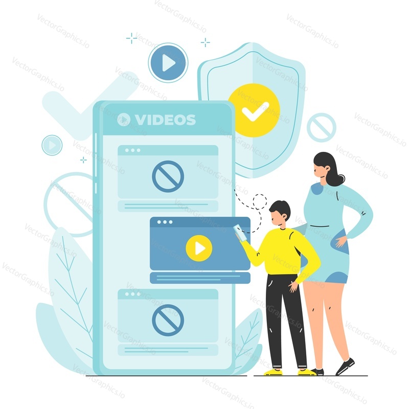 Mother with son near smartphone with parental control app, flat vector illustration. Parents track video content their child can watch and make content restrictions.