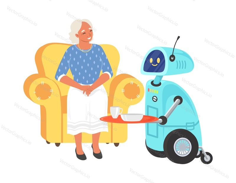 Robot assistant serving food for elderly woman vector scene. Smart AI mechanical caregiver assist to disabled senior female character illustration. Cyborg janitor futuristic technology