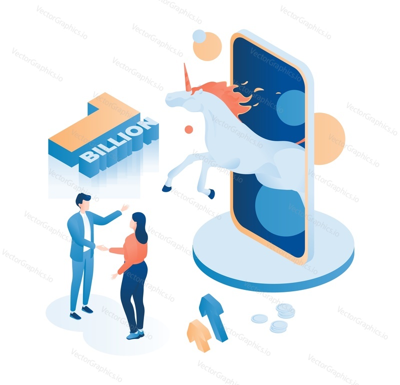 Unicorn horse jumping out of smartphone and happy business people shaking hands, flat vector isometric illustration. Unicorn company or startup, successful business.