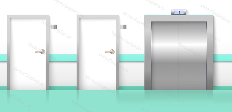 Hall doors with elevator realistic vector design interior. Corridor in hotel, empty hostel hallway illustration. Architecture background