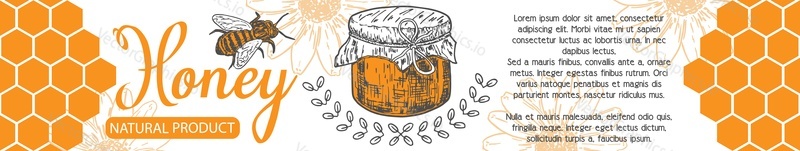 Векторный дизайн этикетки натурального продукта с медом и текстом. Рекламный значок для упаковки и макет фирменного плаката. Пропаганда органического питания