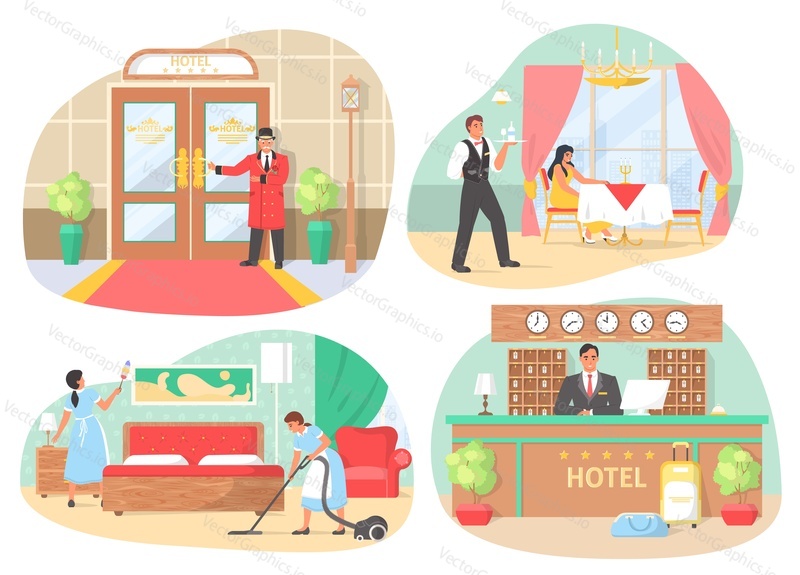 Hotel staff and services isolated vector scene. Administrator at reception counter desk, waiter in restaurant, doorman and room maid in uniform
