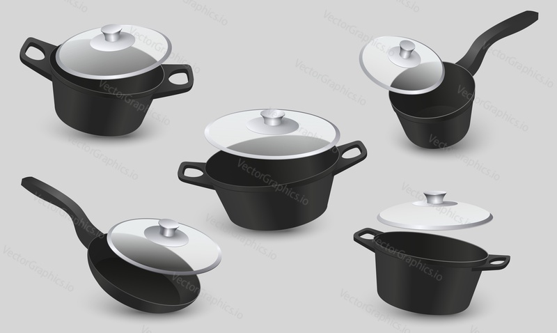 Kitchen cast iron pot and pan realistic vector set. Cookware utensils with glass lids illustration. Saucepan for cooking isolated on white background. Cookery equipment, culinary bowl