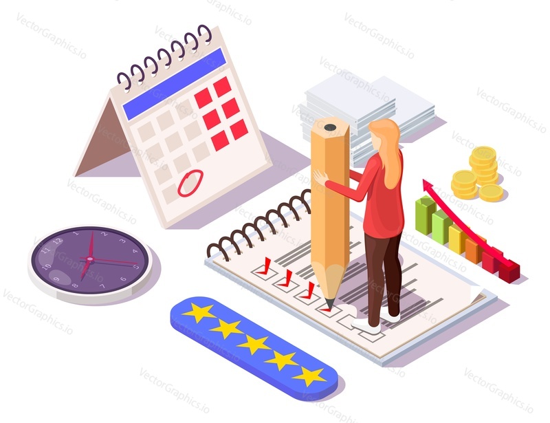 Woman marking checklist, tasks as completed, flat vector isometric illustration. Productivity, punctuality, task management concept.