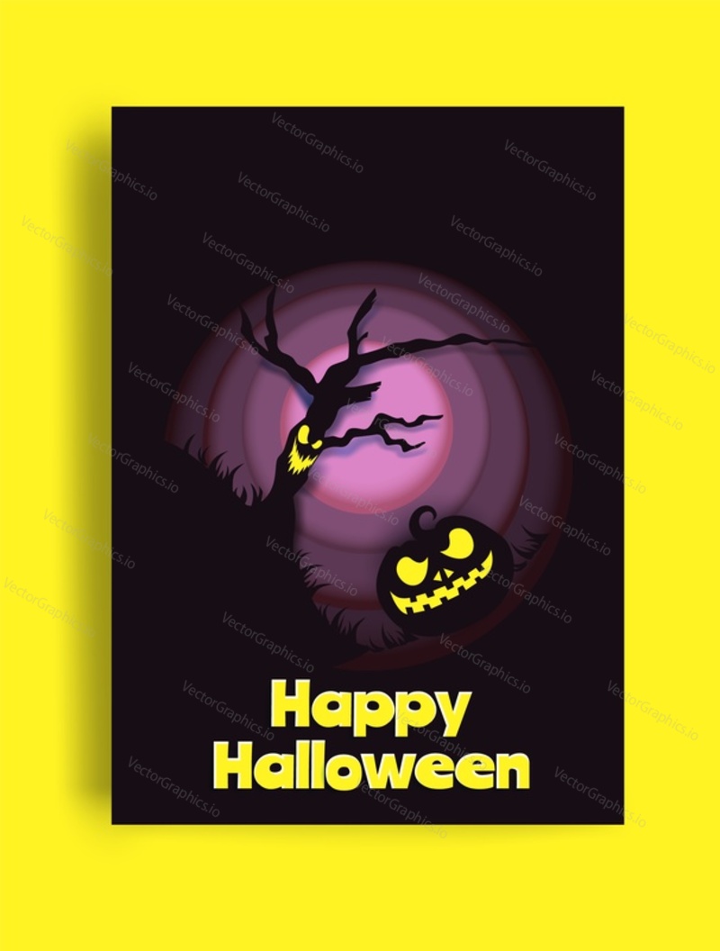 Поздравительная открытка с Днем Хэллоуина с векторной иллюстрацией жуткого дерева и жуткого тыквенного фонаря. Пригласительный плакат для рекламной кампании по продаже или празднования октябрьских праздников