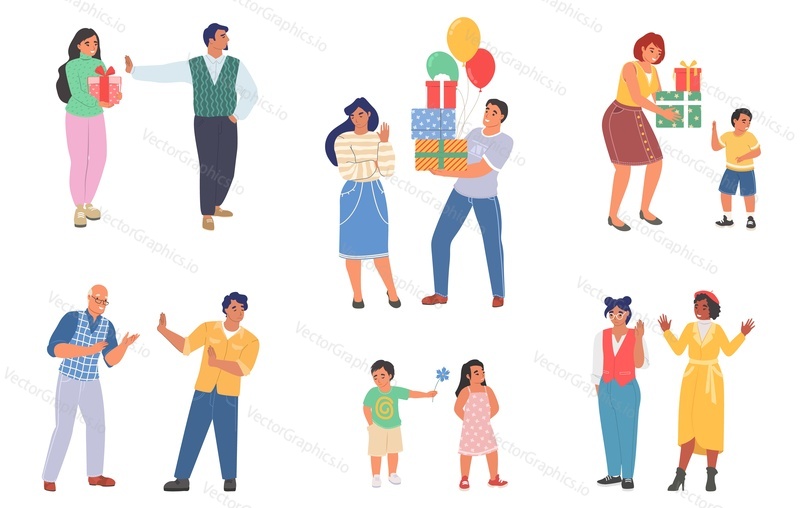 Resentment concept. Different vector people set. Adults and children misunderstanding illustration. Relationship problem between parents, children, friends, couple and relatives