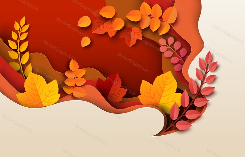 Осенний фон, вырезанный из бумаги. Осенний плакат в стиле оригами с иллюстрацией листьев и веток дерева. Креативное украшение листвы рекламным текстом