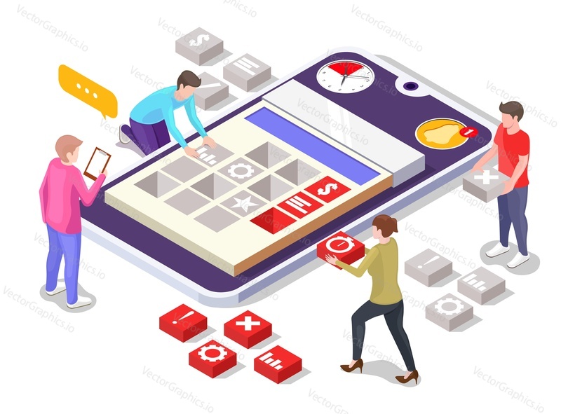 Smartphone with time planning app, flat vector isometric illustration. Online schedule. Organizing, planning controlling of working time, business strategy.