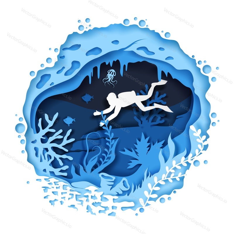 Плавание векторного дайвера. Подводная морская пещера с рыбой кораллового рифа и морскими водорослями, вырезанная из бумаги художественная иллюстрация. Плакат для подводного плавания