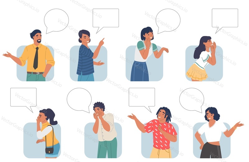 Tips advices and tricks vector. Set of people giving helpful quick solution and useful information. Man and woman character with empty blank speech bubble design