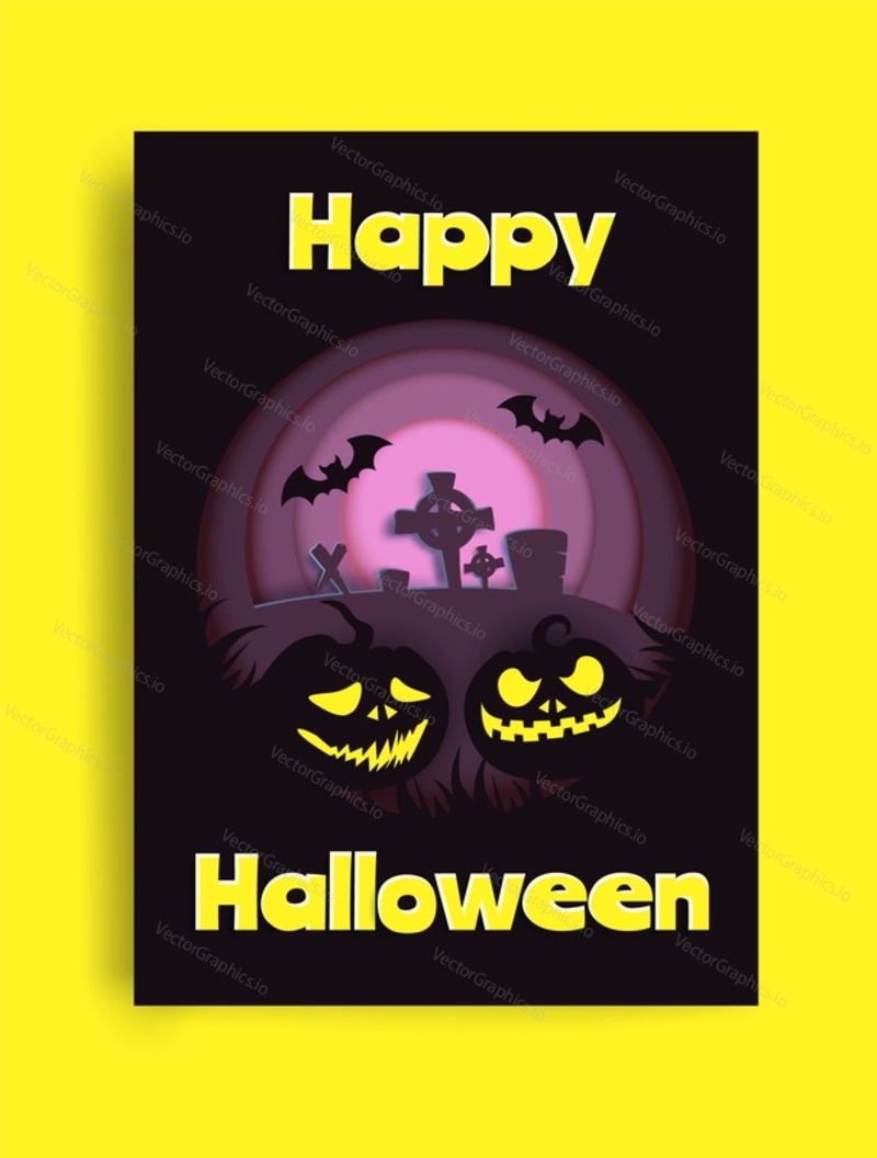 Happy Halloween greeting card with vector graveyard and creepy pumpkin jack-o-lantern illustration. Invitation poster for sale promotion marketing campaign or holiday celebration