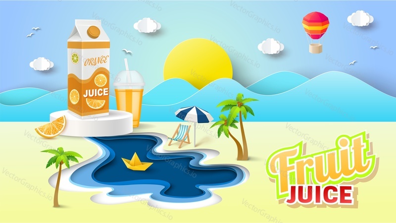 Fruit juice paper cut advertising vector. Promotion poster with healthy drink package over ocean or sea beachside origami style illustration