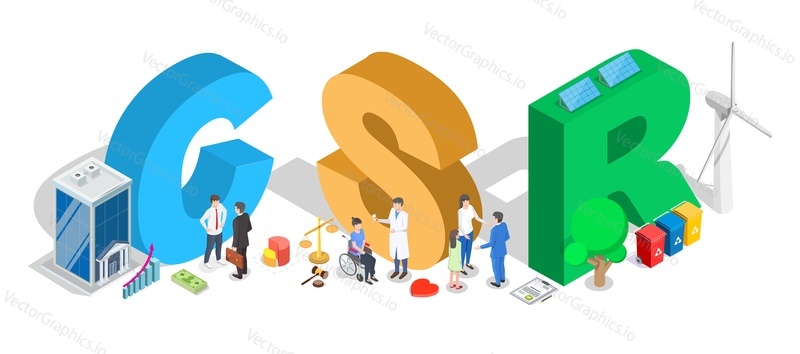 CSR 3d isometric abbreviation. Ethical and honest business vector. Corporate social responsibility illustration with tiny people