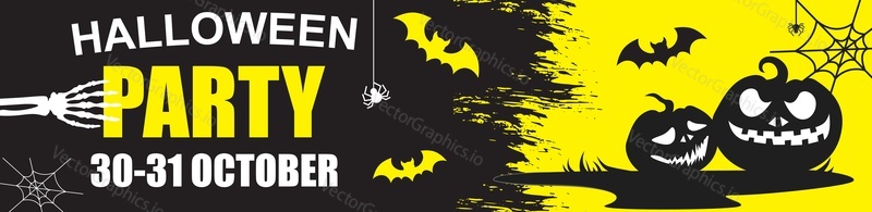 Happy Halloween banner. 30-31 october holiday vector. Autumn party event invitation. Website header template with spooky pumpkin, spider web and flying bat illustration
