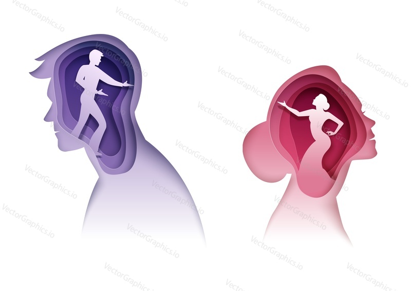 Family psychology concept. Wife and husband psychotherapy practice paper cut vector. 3d poster with origami male and female head with human figure silhouette illustration