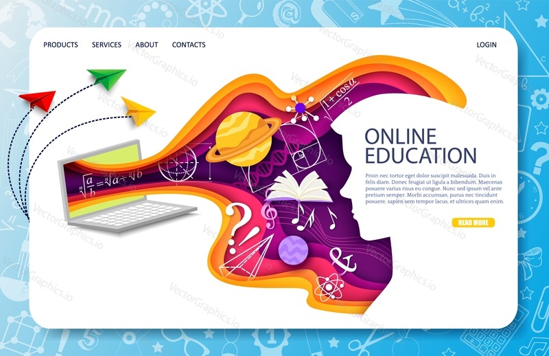 Online education landing page vector template. Remote training and courses, distant learning, video tutorials. Web banner template, website page mockup with paper cut craft design