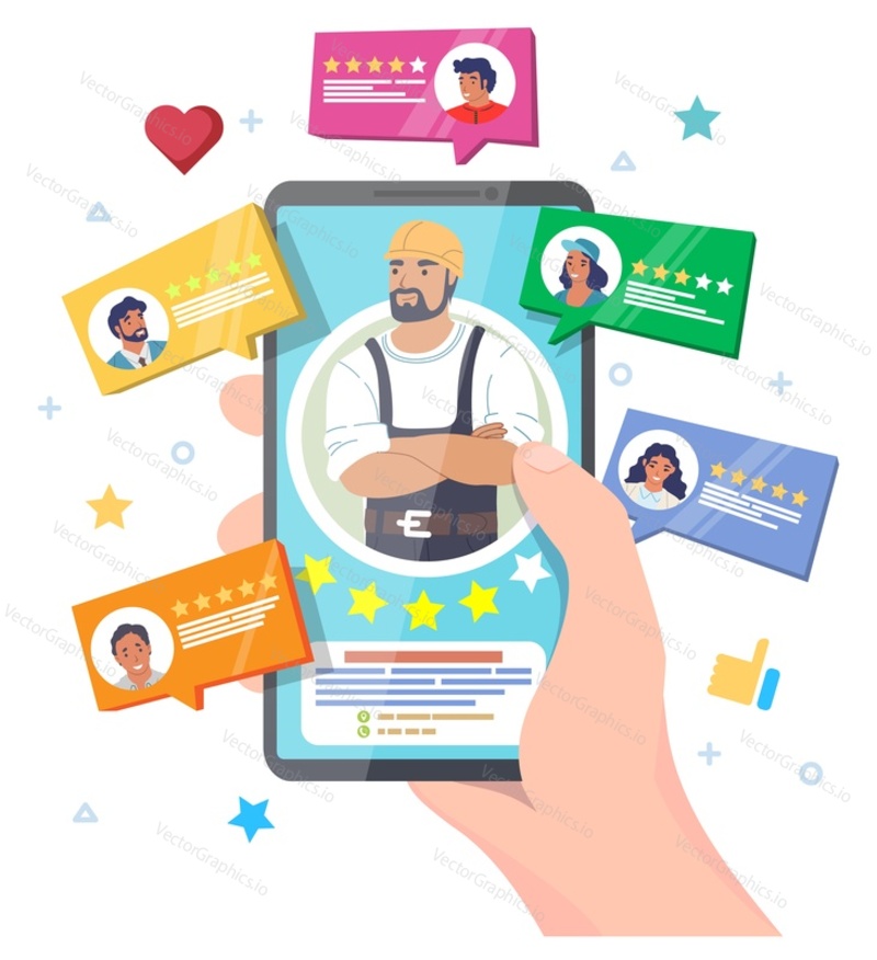 Different services ranking vector. Client feedback and opinion rating illustration. Human hand holding smartphone with survey report about workman or building company reputation