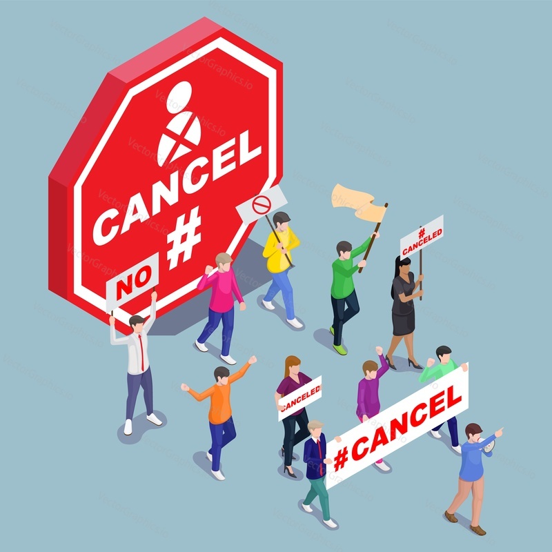 Huge cancel red warning sign and vector people group holding banner or placard. Human crowd on public protest, social strike manifestation event isometric illustration