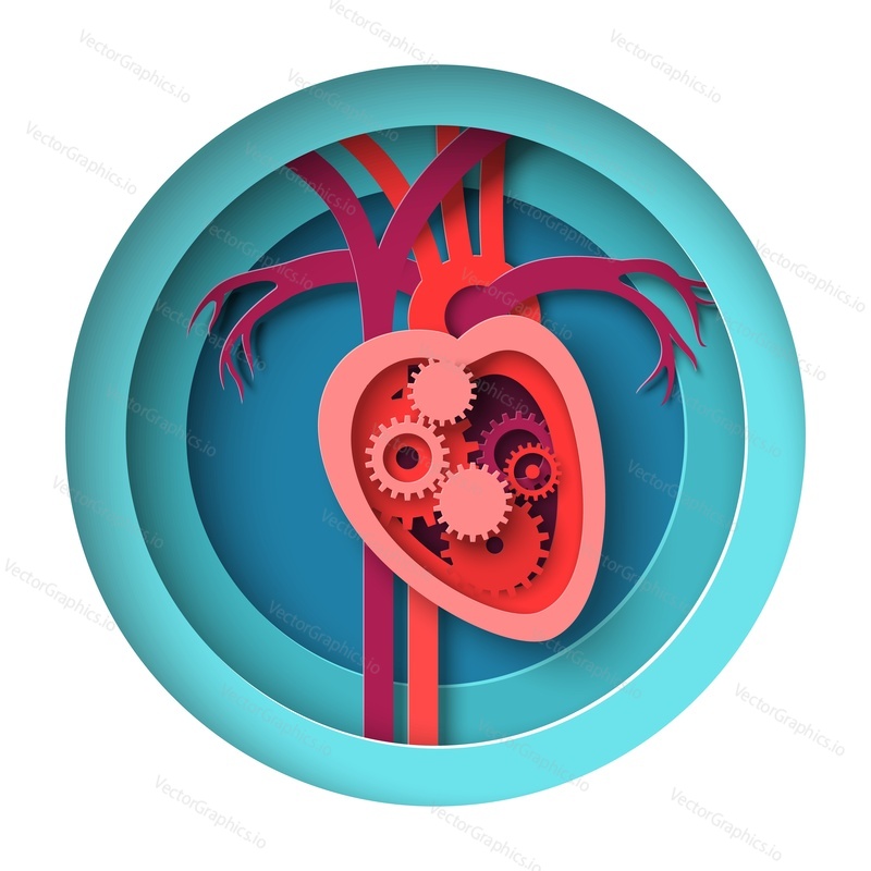 Heart medical paper cut vector. Health day concept. Human organ engine, mechanical motor origami design with gear wheels. Abstract clinic or hospital poster. Cardiovascular disease awareness