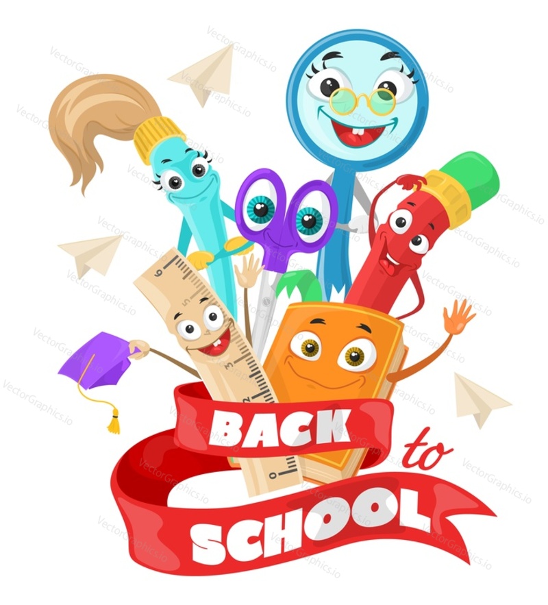 Back to school poster. September sale creative vector. Education concept. Study supplies mascot illustration with promotion ribbon. Online class advertising. Writing and learning accessories selling