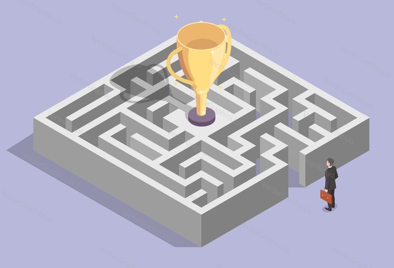 Businessman and hard path to success isometric vector illustration. Office manager standing front of maze thinking strategy trying to choose right way. Goal achievement and labyrinth concept