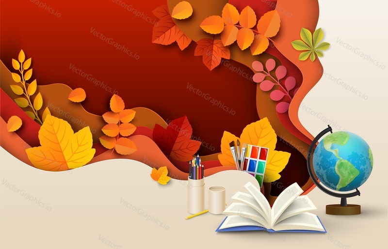 Education concept. School background. Autumn vector. Paper cut layered illustration with study supplies and autumnal leaves design. Sale campaign, Knowledge day celebration. Back to school