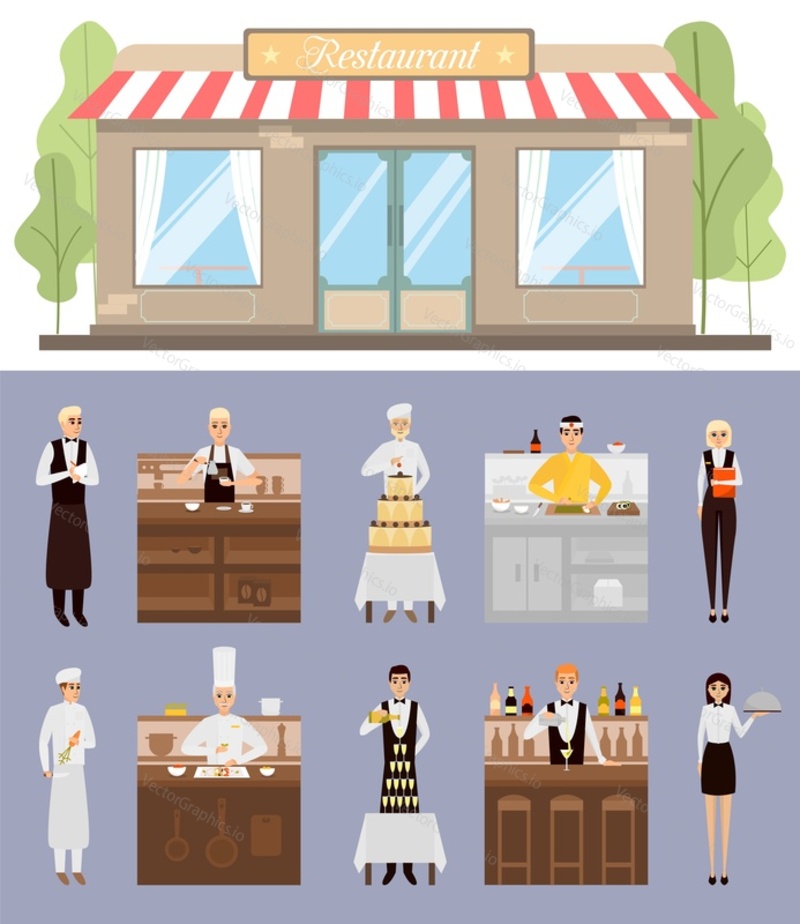 Restaurant staff vector. Cafe kitchen worker crew illustration. Catering building and chef, waiter with waitress, hostess, manager, barista, bartender, sashuiola, pizzaiola character