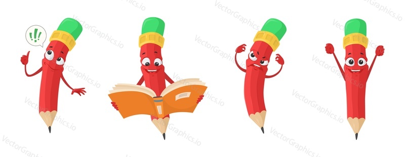 Cute pencil character with arm and face emoji isolated vector set. Clever smart, angry and happy excited stationery illustration. Back to school, education and knowledge concept