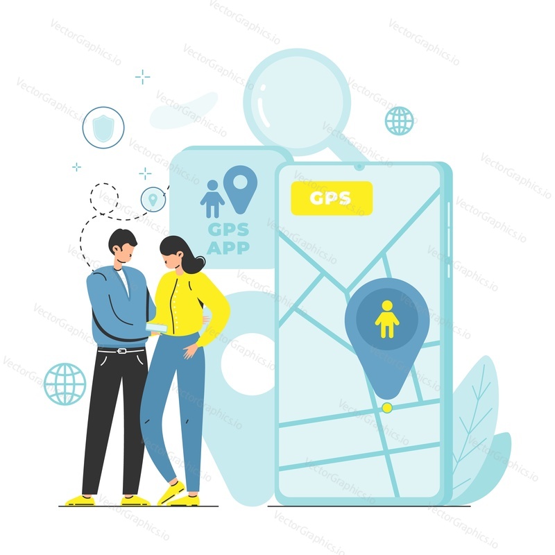 Parents monitoring kids location with gps mobile app, flat vector illustration. Father and mother using smartphone with geolocation tracking application. Parental control concept.