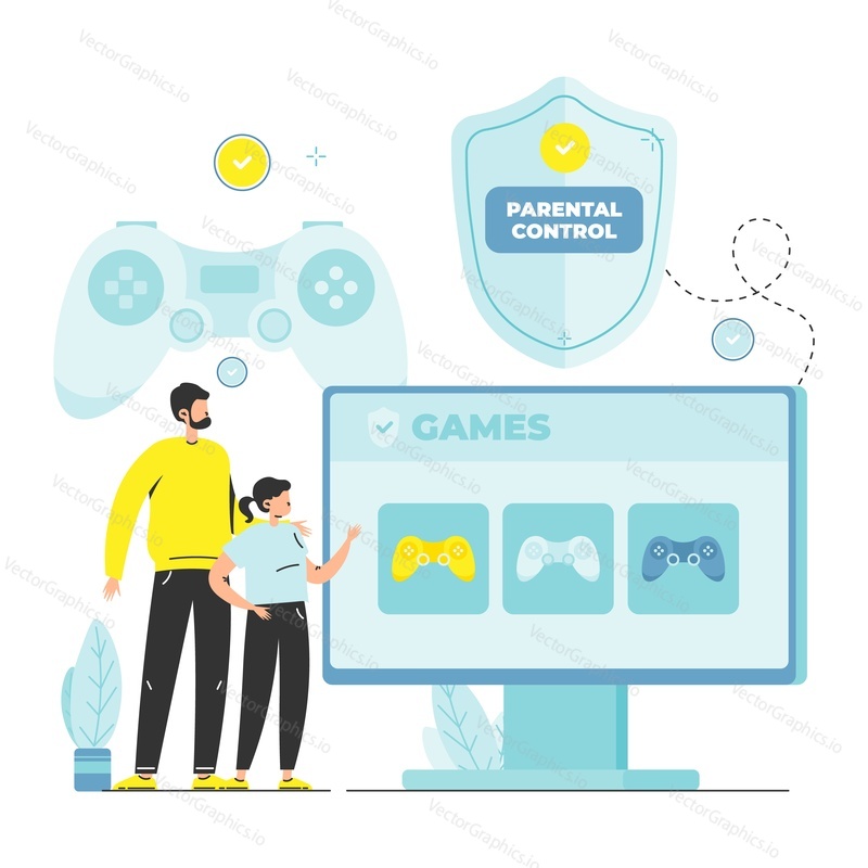 Parental control for gaming, flat vector illustration. Security shield, game controller, father with daughter looking at video games allowed to play on computer screen.