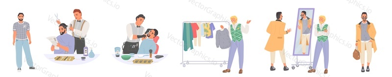 Fashion guy vector. Stylish man at barber shop or clothes boutique isolated illustration set. Male model caring about appearance. Fashionable people and styling concept