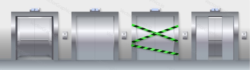 Elevator or lift door realistic vector set. Hallway, lobby interior design element. Closed metal empty entrance, gate with barrier tape for forbidden entry illustration