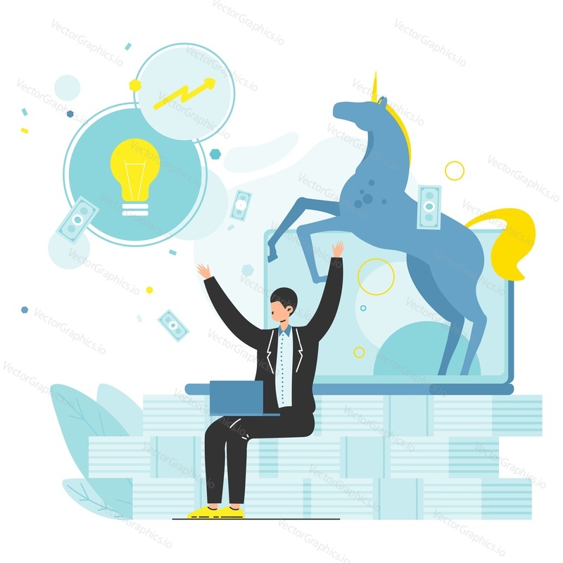 Unicorn horse jumping out of laptop computer and happy businessman on money stacks, flat vector illustration. Unicorn company or startup, successful business venture.