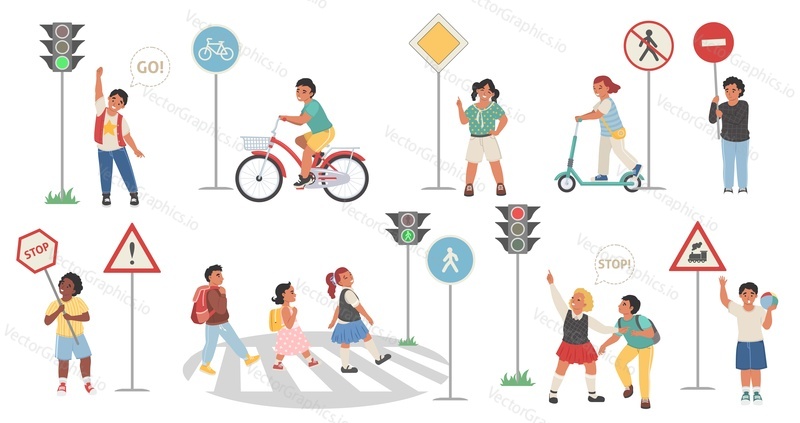 Обучение дорожному движению, правила безопасности дорожного движения для детей, плоская векторная изолированная иллюстрация. Мальчики и девочки изучают дорожные знаки. Милые дети переходят улицу по пешеходному переходу на светофоре, едут по велосипедным дорожкам.