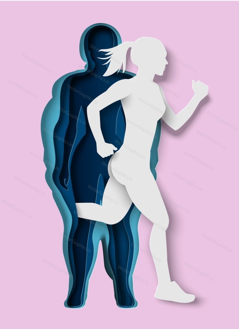 Woman running out of fat body paper cut craft art vector. Weight loss program. Female silhouette with fat and slim body. Sport lifestyle for being strong and healthy concept