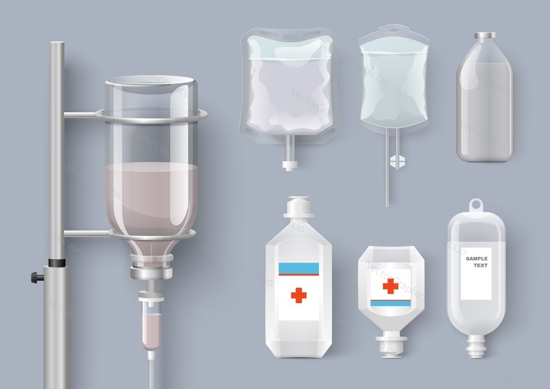 Intravenous injection and blood transfusion system vector set. Medical tools illustration. Medical dropper bag, bottle with liquid for first aid. Medicine and hospital emergency service concept
