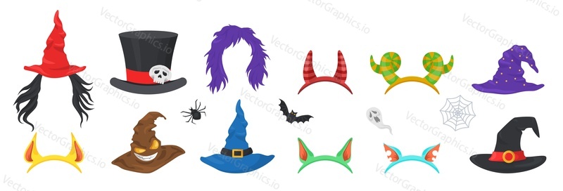 Halloween hats, headband and caps vector set. Spooky carnival headwear. Funny festival headgear. Witchcraft and fantasy animal masquerade accessory isolated on white background