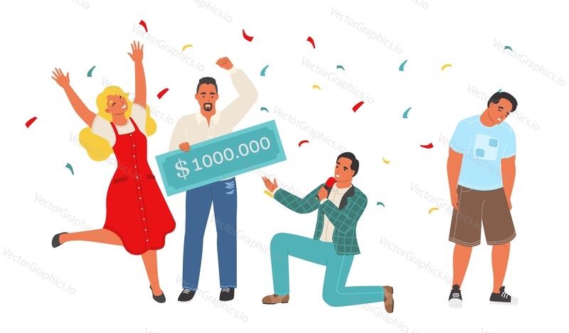 Lottery winner reward vector. Man getting money cheque gift and congratulation. Casino jackpot, giveaway or gambling competition victory. Happy millionaire character