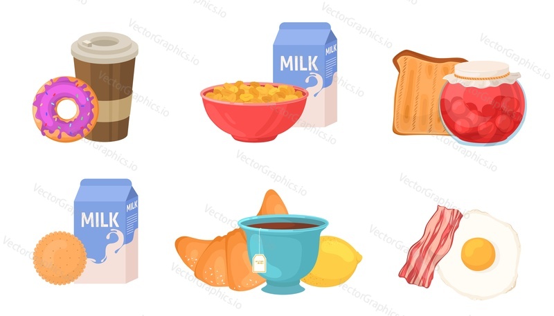 Morning breakfast set. Vector food menu for brunch with milk, coffee or tea drink, egg with bacon, toast and jam, sweet dessert and cereal porridge bowl icons illustration isolated on white background