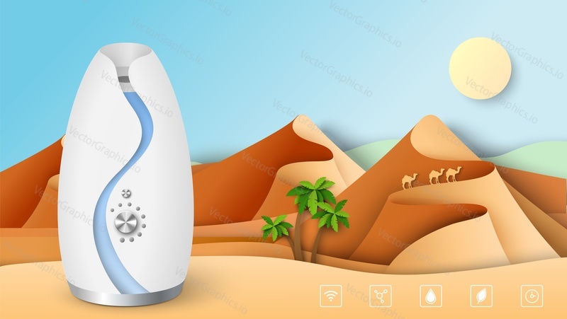 Увлажнитель воздуха в 3d-векторе. Иллюстрация освежителя воздуха для дома. Бытовой прибор для контроля влажности микроклимата. Векторный фон в египетском стиле. Реалистичный дизайн рекламной этикетки, плаката или баннера