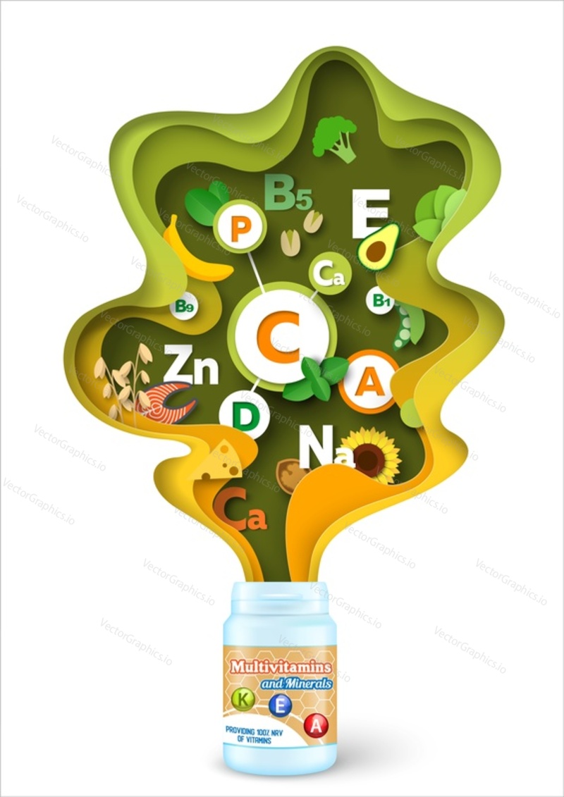 Supplement with balanced multivitamin and mineral complex paper cut craft art vector design. Multi vitamin for health diet advertising. Pharmacy promotion. Plastic bottle package design mockup