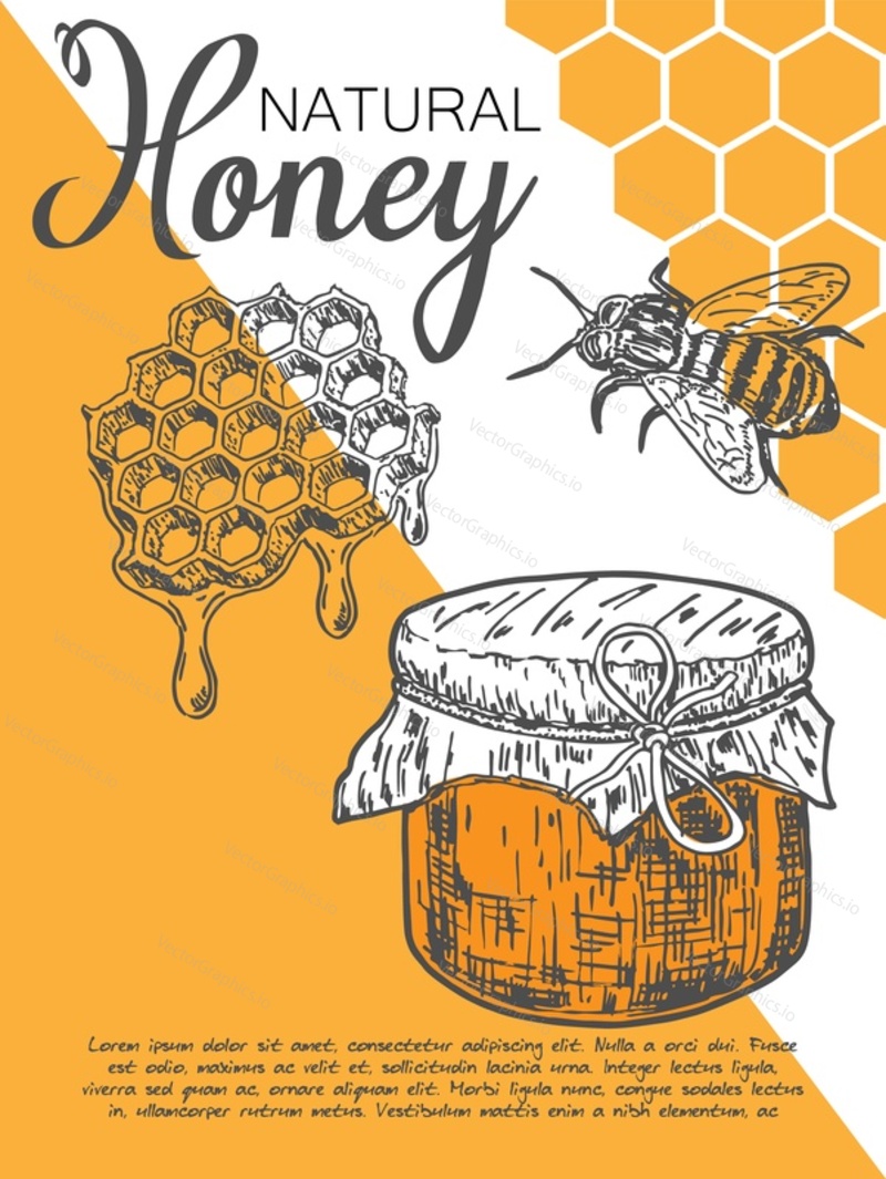Natural honey card vector. Promotion cover, badge or flyer design template with text. Marketing material for honey products sale